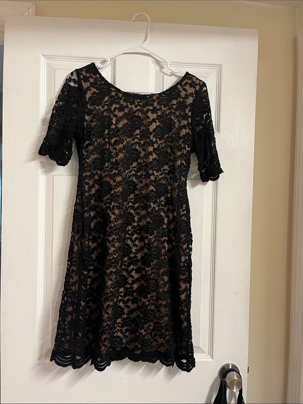 connected apparel Black Lace Mini Dress with Nude Lining